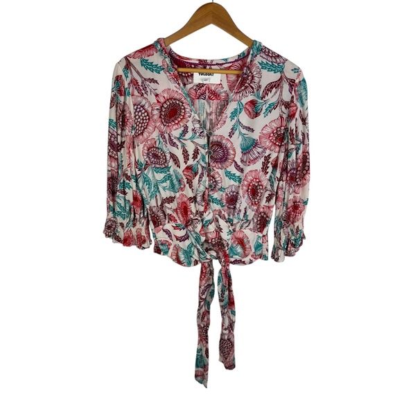 Tugboat Anthropologie Saraya Floral Tie Front Blouse Size Small Multicolor Boho - Picture 2 of 12